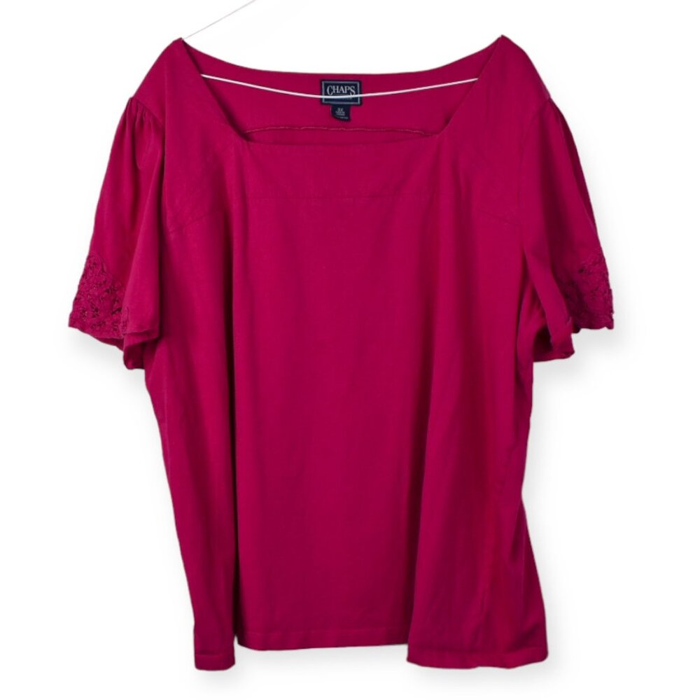 Chaps Classics Shirt 3X Womens Pink Magenta Crochet Short Sleeve 100% Cotton